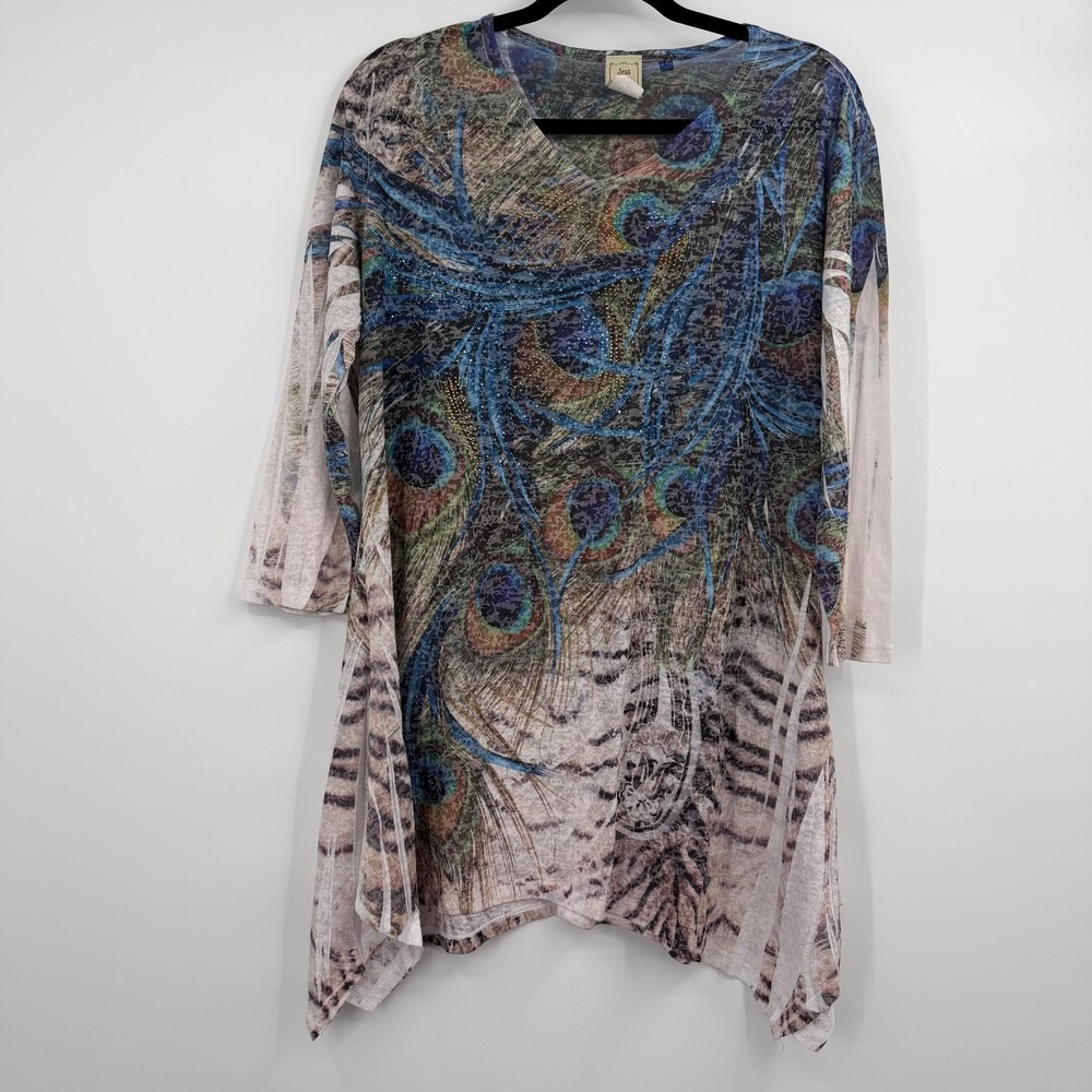 Jess & Jane Tunic Top Womens Large Multicolor Paisley Peacock Rhinestone